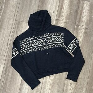 Derek Heart Blue and White Cowl Neck Cropped Sweater